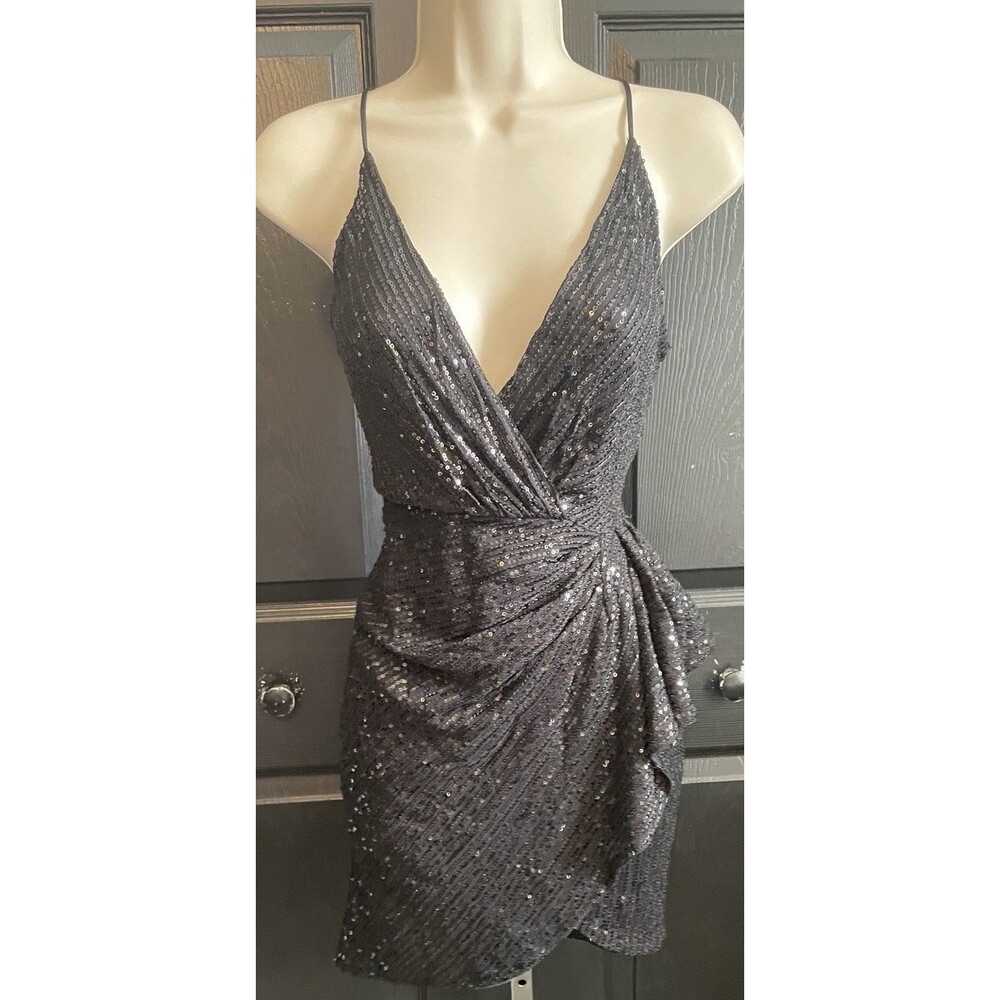 Double Crazy Black Sequin Wrap Dress S V-Neck Ruched Ruffle Bodycon Mini Party